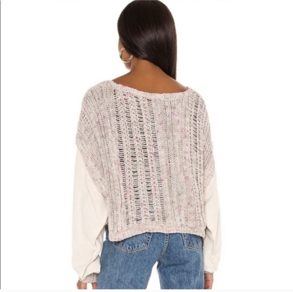 Free People Honey Cable Knit Long Drop Shoulder White Combo Cropped Sweater - M - Picture 5 of 13